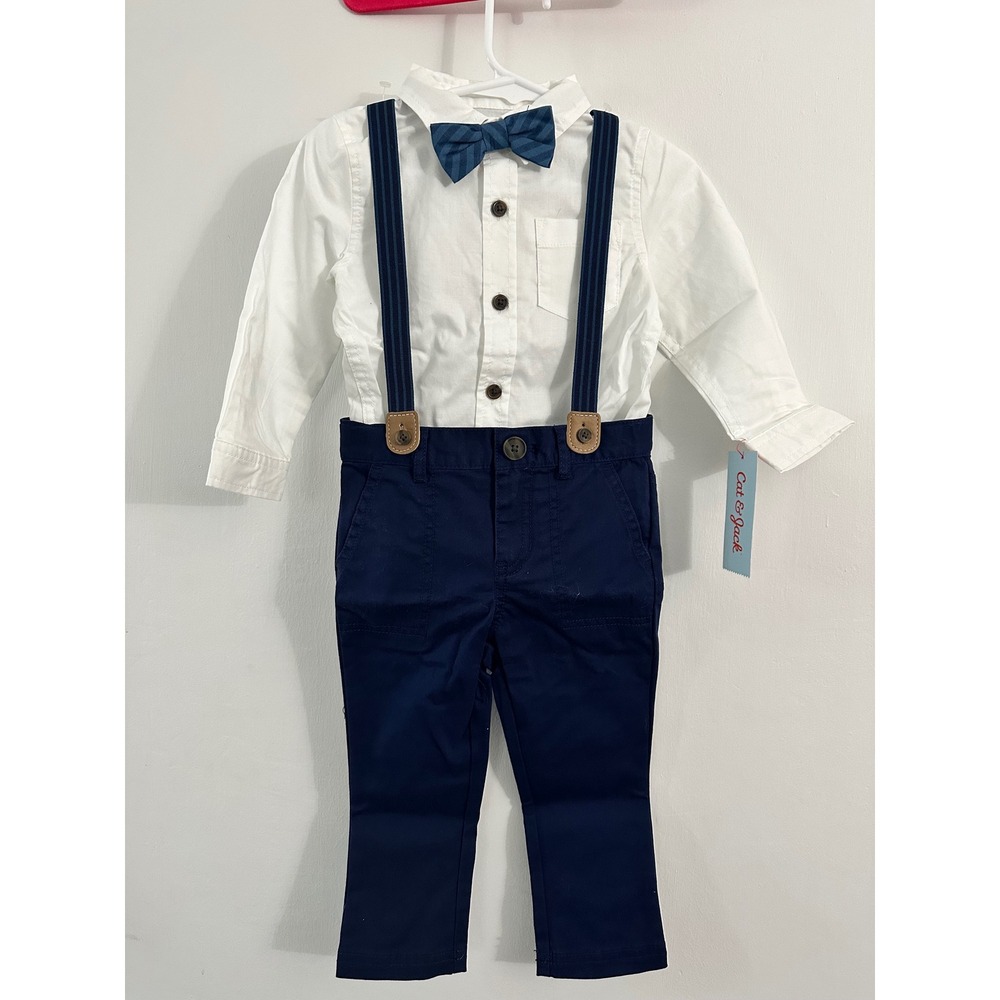 Cat & Jack Toddler Boys 4pc Formal Set White Shirt Navy Pants Suspenders Bow Tie